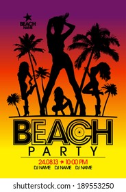 Beach Party design template with fashion girls silhouettes.