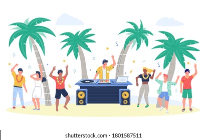 Beach party with dj playing disco music, flat vector illustration. Happy man and woman cartoon characters dancing to music on beach and having fun. Summer travel, tropical vacation, friendship.