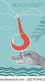 Beach party, drinking, tropics, beach bar, red wine. Hand holding glass, wine pouring, restaurant poster, sommelier, chardonnay, cabernet