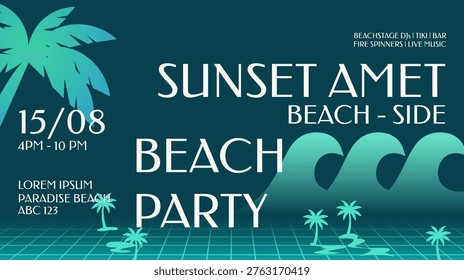 Beach Party Event Poster with Retro Neon Tropical Waves and Sunset Typography Night Club Summer Promotion Design