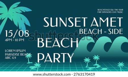 Beach Party Event Poster with Retro Neon Tropical Waves and Sunset Typography Night Club Summer Promotion Design