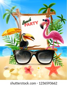 beach party with flamingo and toucan