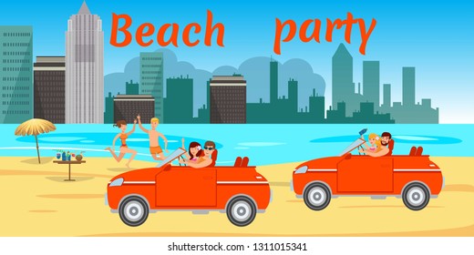 Beach party flat banner with lettering. Sea resort. Young people in swimsuits driving car, have fun on ocean beach. Teenage holidaymakers, tourists cartoon characters. Summer time vector illustration