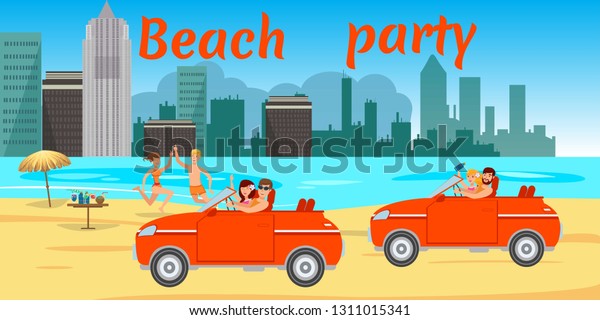 Beach party flat banner with lettering. Sea\
resort. Young people in swimsuits driving car, have fun on ocean\
beach. Teenage holidaymakers, tourists cartoon characters. Summer\
time vector illustration