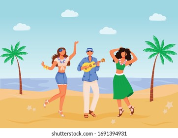 Beach party flat color vector illustration. Females in summer clothing. Ethnic celebration. Standing male playing ukulele 2D cartoon characters with seabeach and palms on background