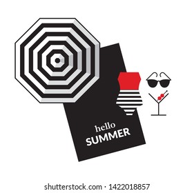 Beach party flat design illustration of swimming suit, parasol umbrella, sunglasses, cocktail and sample text. Summer icons in black, red and stripes