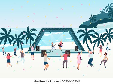 Beach party flat vector illustration. Open air live performance. Rock, pop musician concert in park, camp. Concert on shore of tropical island. Dancing holidaymakers, tourists cartoon characters
