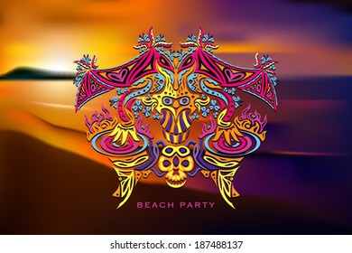 Beach party flyer background with a blurred tropical sunset landscape vector illustration