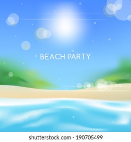 Beach party flyer background with a blurred tropical seascape vector illustration