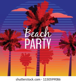 Beach Party Flyer, Baner, Invitation Design with typographic design on nature background with palm trees. Sunset ocean, sea. Vector, Eps10 illustration.