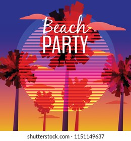 Beach Party Flyer, Baner, Invitation Tropical sunrise at seashore, sea landscape with palms, minimalistic illustration. Seascape sunrise or sunset. Ocean scene with rising sun, palms, mountains and