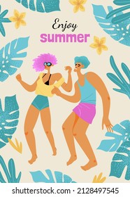 Beach party flyer with a dancing couple on a background of tropical plants. Retro illustration.