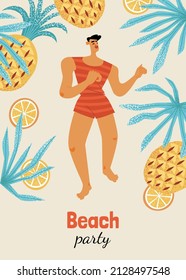 Volante de fiesta en la playa con bailarín vestido con traje de baño retro contra frutas tropicales y hojas fondo