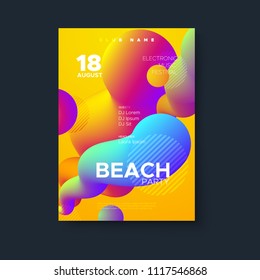 Beach party flyer design. Electronic music festival poster. Summertime event. Multicolored fluid cover. Vector illustration of abstract liquid color shapes. Club invitation template.