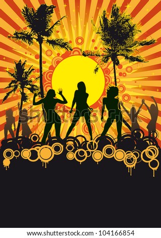 Beach party flyer design with palms, sun and dancing girls.