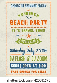 Beach Party Flyer or Poster. Night Club Event. Summer Night Party. Vector Flyer Design Template. Colorful Typographic Poster with Light Background