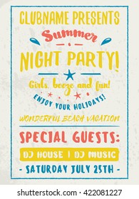 Beach Party Flyer or Poster. Night Club Event. Summer Night Party. Vector Flyer Design Template. Colorful Typographic Poster with Light Background