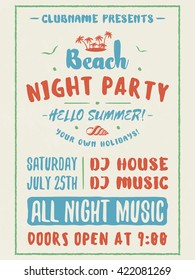 Beach Party Flyer or Poster. Night Club Event. Summer Night Party. Vector Flyer Design Template. Colorful Typographic Poster with Light Background