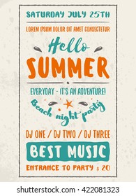 Beach Party Flyer or Poster. Night Club Event. Summer Night Party. Vector Flyer Design Template. Colorful Typographic Poster with Light Background
