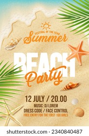 Beach party flyer, sand beach with starfish, palm leaves and seashells, vector top view background. Summer festival or music fest party poster for beach club entertainment event with seashells on sand