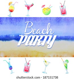 Beach party flyer. Watercolor beach and cocktails illustration. Vector