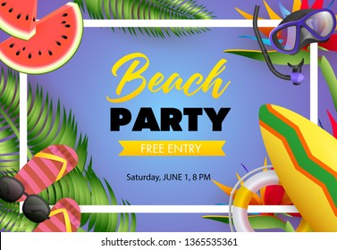 Beach party, free entry poster design. Flip-flops, watermelon, diving mask, surfboard and text in frame on blue background. Vector illustration can be used for banners, flyers, invitations