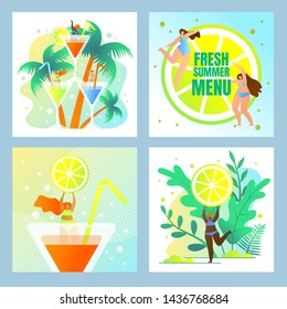 Beach Party, Fresh Summer Menu Set. Exotic Nature, Tropical Recreation. Happy Girls Offer Bright Juicy Cocktails Dancing on Background with Palm Trees. Cartoon Flat Vector Illustration, Flyer, Banner