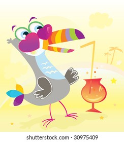 Beach party. Fun begin. Exotic bird character on beach party! Vector Illustration.