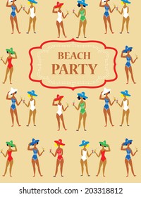 Beach party funny invitation - cartoon vintage style