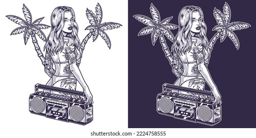 Beach party girl element monochrome cassette audio tape recorder and beautiful woman in swimsuit with stylish tattoos isolated vector illustration