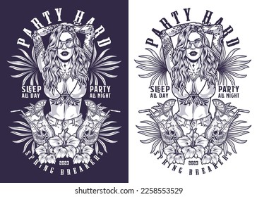 Beach party girl flyer monochrome with alcoholic cocktails and seductive tattooed woman in shorts and bra vector illustration