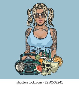 Beach party girls colorful emblem with cassette recorder and skull filled with summer cocktail for hot tropical lady vector illustration