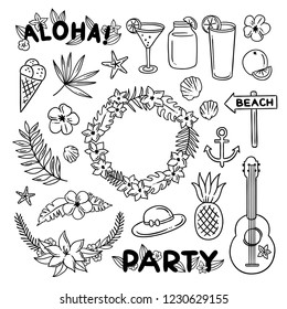 Beach party hand drawn set. Outline hawaii illustrations on white background. Cute tropical concept doodle elements