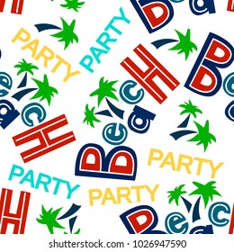 Beach party hand lettered seamless pattern. Summer blue colored design for print, textile or fabric, wallpaper, wrapping paper, backdrop.