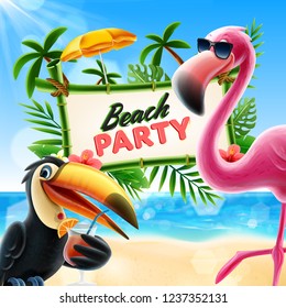 beach party illustration with bird