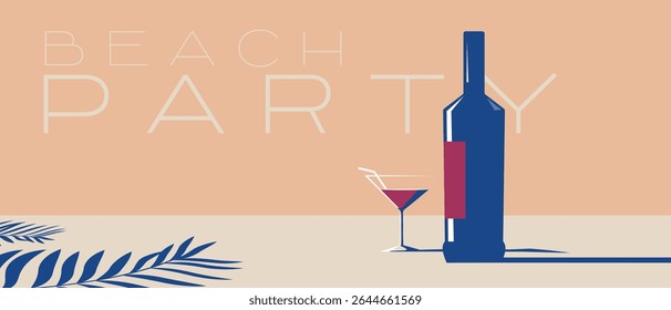 Beach party, illustration bottle of alcohol, glass, palm tree, objects cast shadow. For bar banner design, festival, kitchen design, red wine, chardonnay, merlot