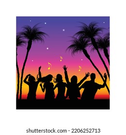 Beach party. Illustration of dancers on the beach at sunset enjoying a party. Dancing people silhouette.