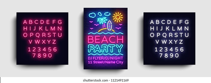 Beach party invitation card design template. Summer party poster in neon style, modern trend design, light banner, bright advertising party, neon typography. Vector. Editing text neon sign