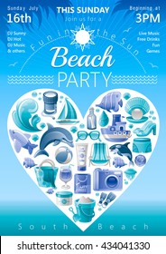 Beach party invitation design in blue color with sea travel icons in heart