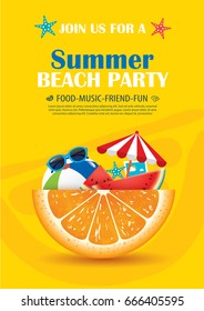 Beach party invitation poster with vacation element . Vector summer background.