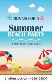 Beach party invitation poster with vacation element wooden and blue water. Vector summer background.