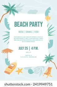 Beach party invitation template. Border of palm trees, yacht, chair, and tropical leaves. Summer holiday background. Birthday placard, exotic event, vertical banner. Vector illustration.