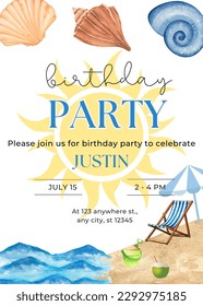 Beach Party Invitation Vector Template: seashells, waves, sun, sea, sand and beach!