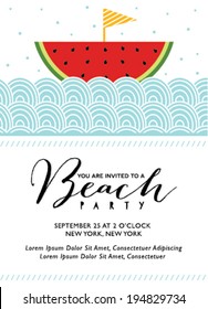 Beach Party Invitation With Watermelon Boat In Vector