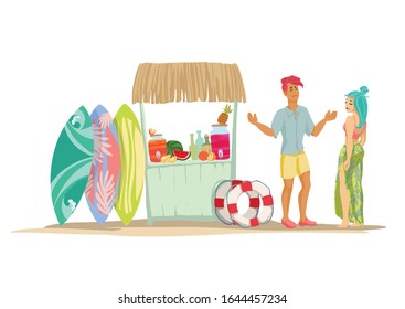 Beach party. Isolated colorful vector vacation characters on white background. Cute cartoon man and woman in beach outfit with surfboards, tiki bar, lifebuoys and tropical decoration.