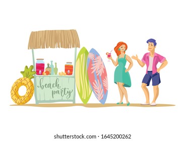 Beach party. Isolated colorful vector vacation characters on white background. Cute cartoon man and woman in beach outfit with surfboards, tiki bar, lifebuoys and tropical decoration.