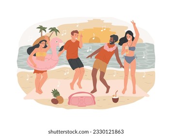 Beach party isolated concept vector illustration. Sand dance floor, beach party invite, open air, summer event, all inclusive, cocktails on sunset, vacation, girls in sweamsuit vector concept.