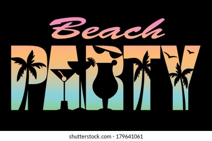 Beach party label with decorated letters