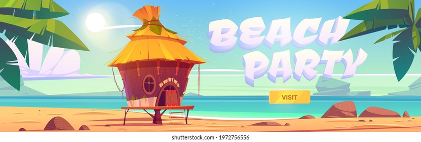 Beach party landing page with bungalow on background of sea. Vector banner of summer party on ocean shore with cartoon illustration of resort wooden house and palm trees