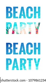 Beach party lettering. Retro vector letters with sea waves, pink frangipani (plumeria) flowers and palm leaves